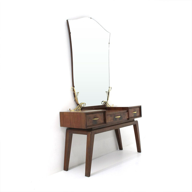 Vintage italian dressing table with mirror in wood and brass 1950