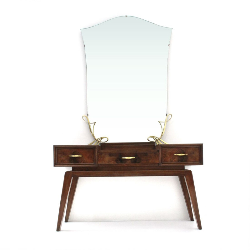 Vintage italian dressing table with mirror in wood and brass 1950