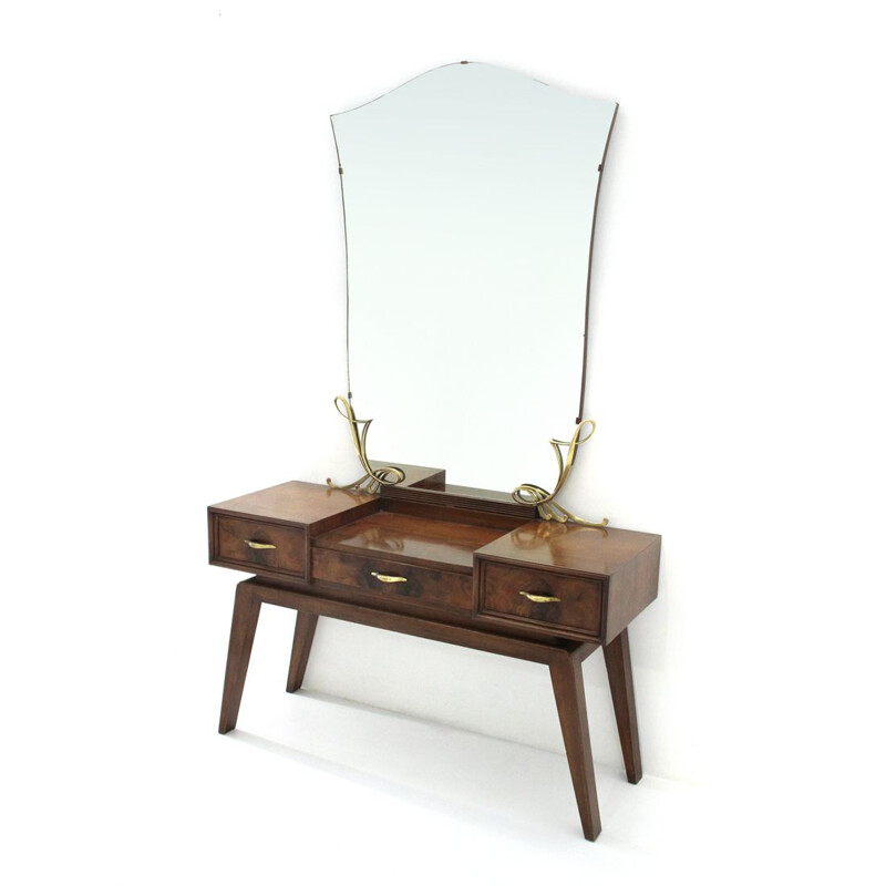 Vintage italian dressing table with mirror in wood and brass 1950