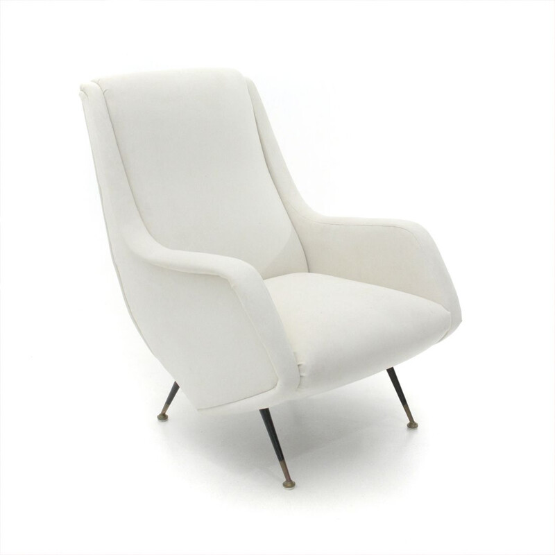 Vintage italian armchair in white velvet and wood 1950