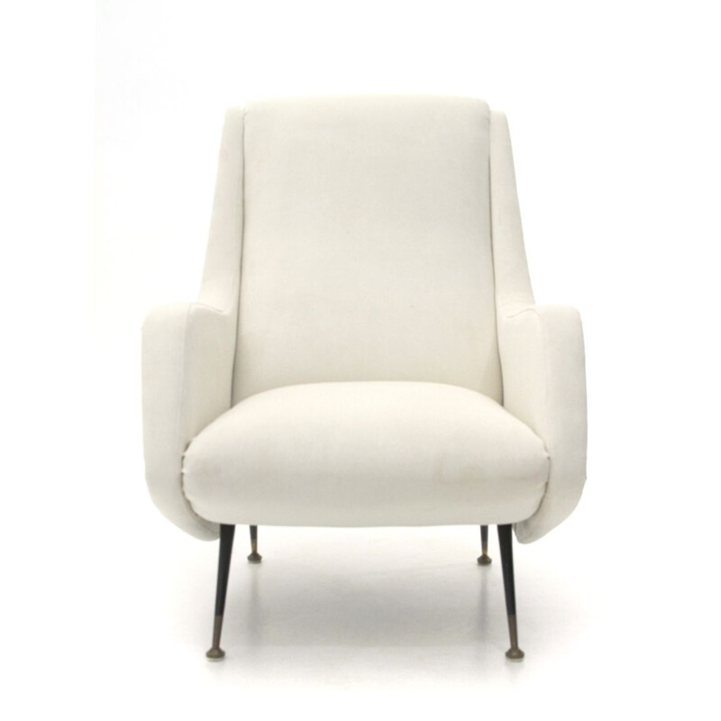 Vintage italian armchair in white velvet and wood 1950