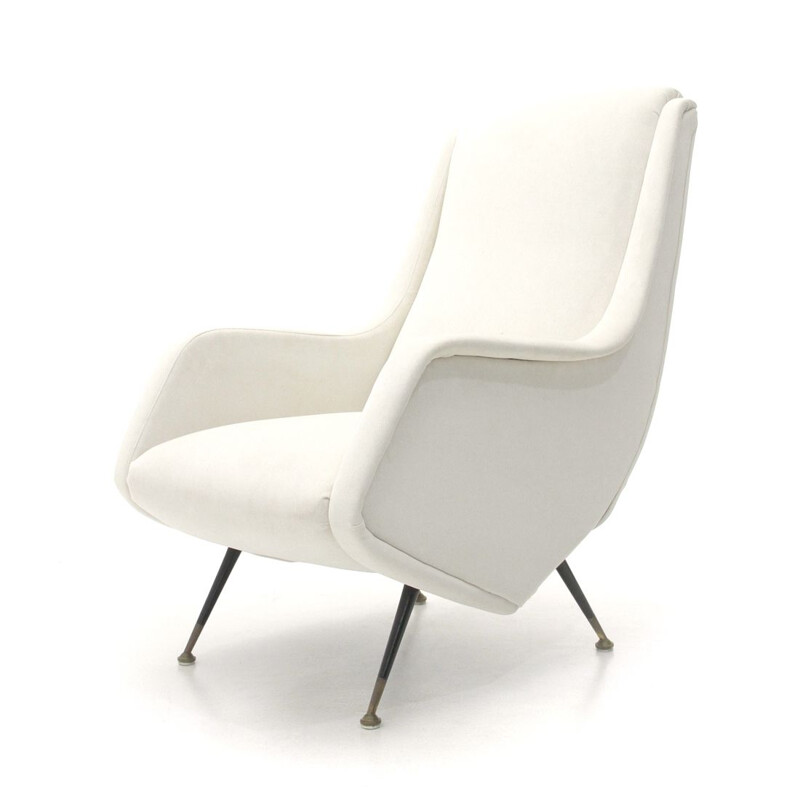 Vintage italian armchair in white velvet and wood 1950