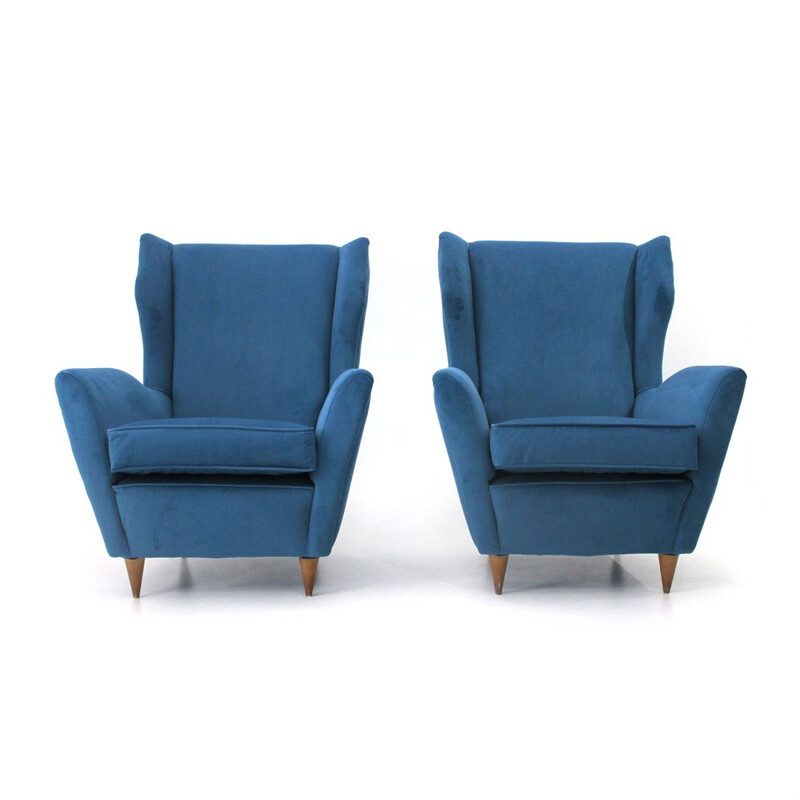 Set of 2 vintage italian armchairs in blue velvet and wood 1950