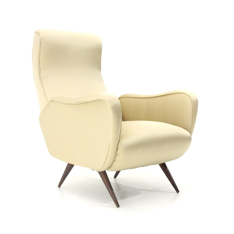 Vintage italian armchair in white silk and wood 1950