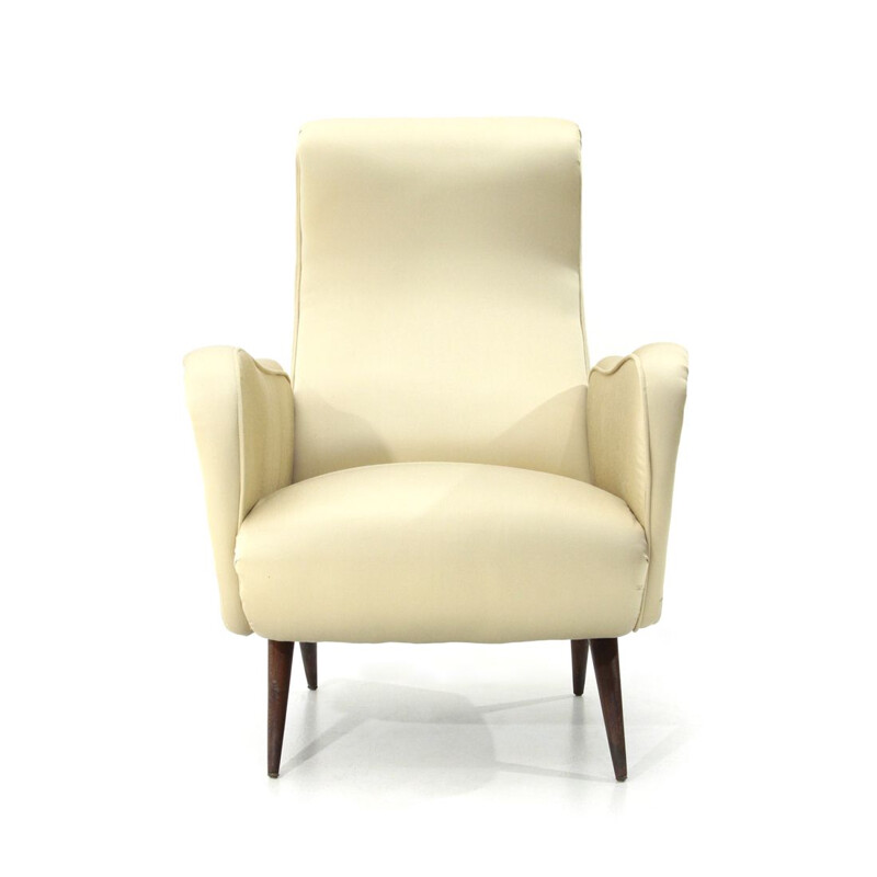 Vintage italian armchair in white silk and wood 1950