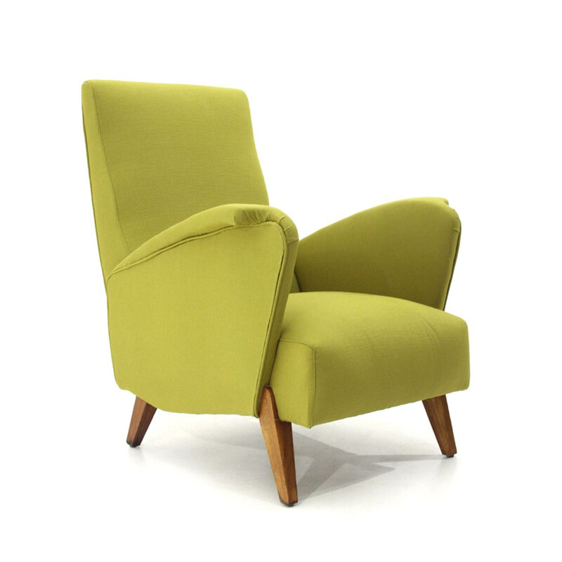 Fauteuil vintage italien en tissu vert et bois 1940