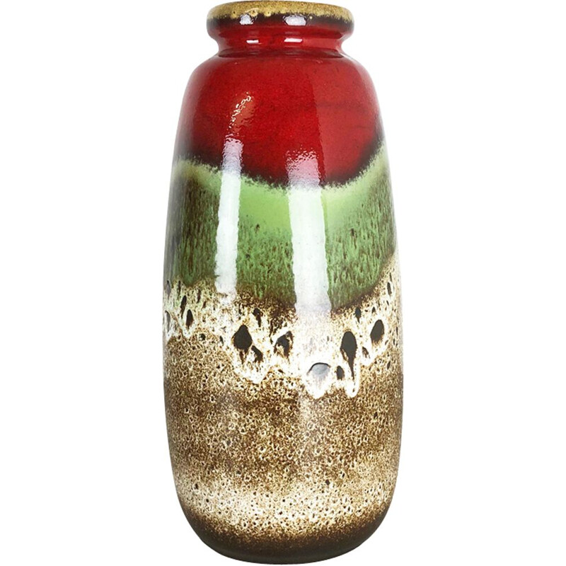 Vase vintage pour Scheurich en céramique vert marron et rouge 1970