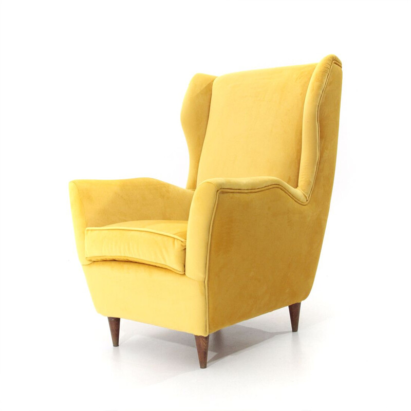 Vintage italian armchair in yellow velvet and wood 1950