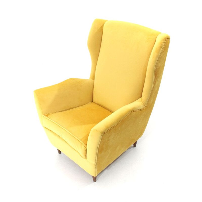 Vintage italian armchair in yellow velvet and wood 1950