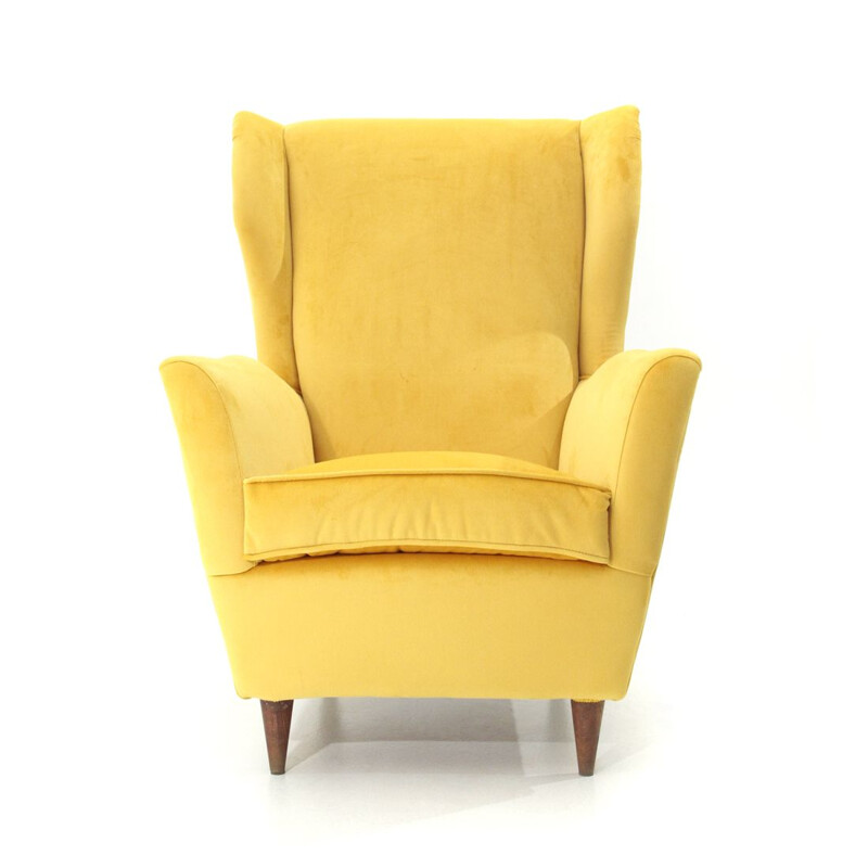 Vintage italian armchair in yellow velvet and wood 1950