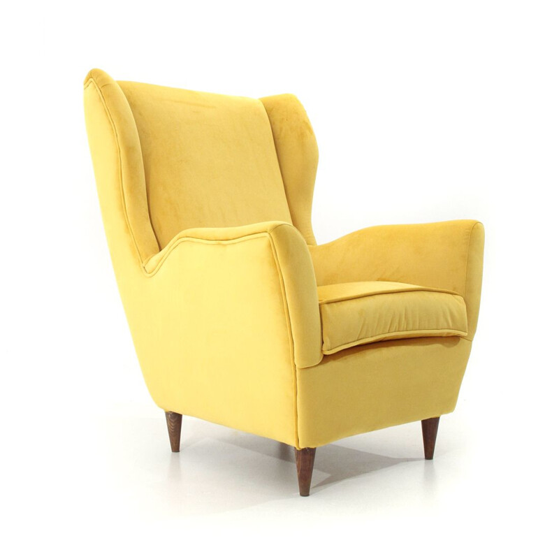 Vintage italian armchair in yellow velvet and wood 1950