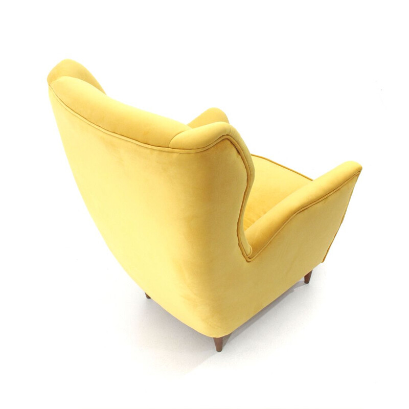 Vintage italian armchair in yellow velvet and wood 1950