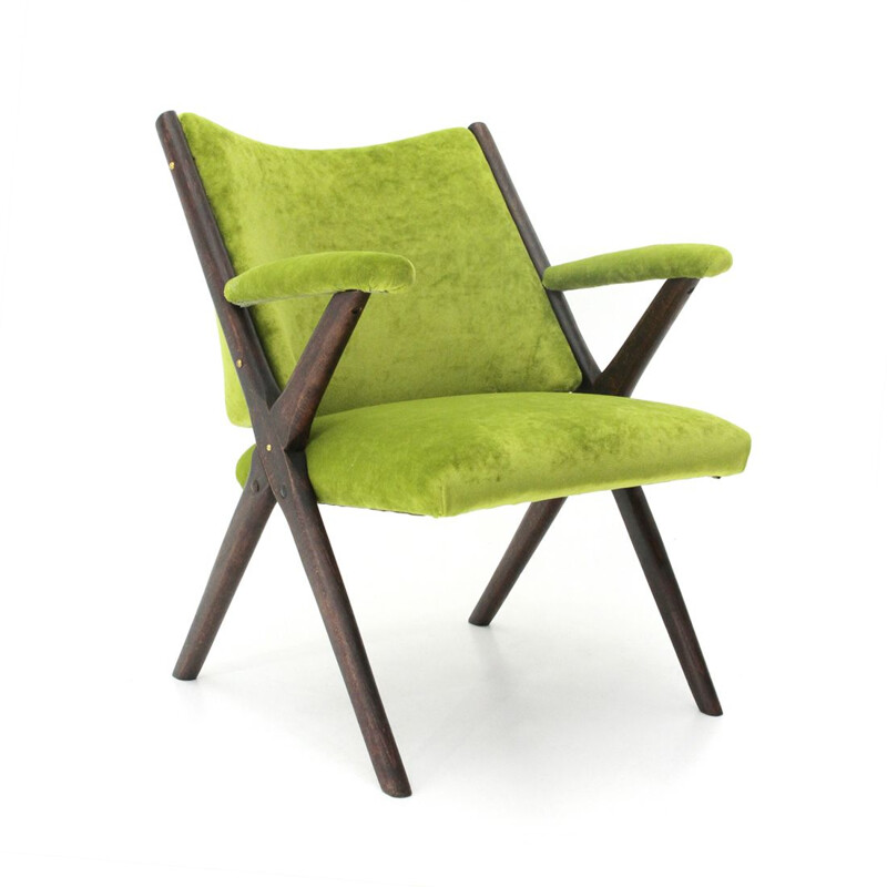 Fauteuil vintage italien pour Dal Vera en velours vert et bois 1950