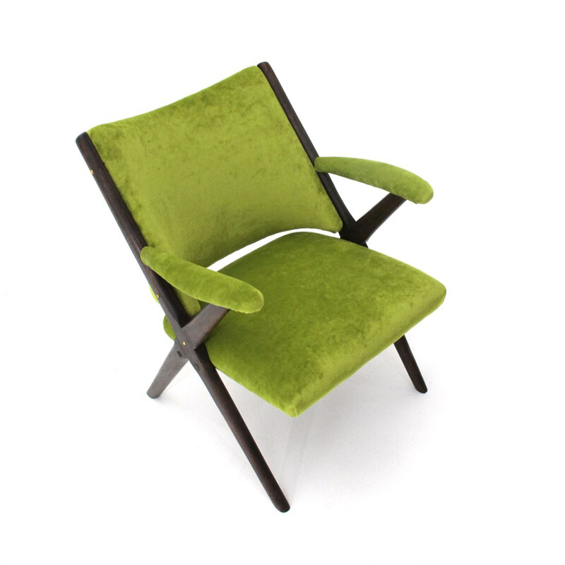 Vintage italian armchair for Dal Vera in green velvet and wood 1950