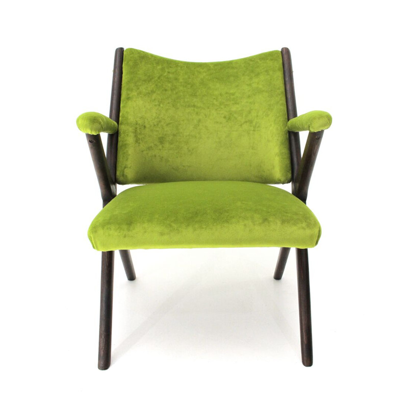 Vintage italian armchair for Dal Vera in green velvet and wood 1950