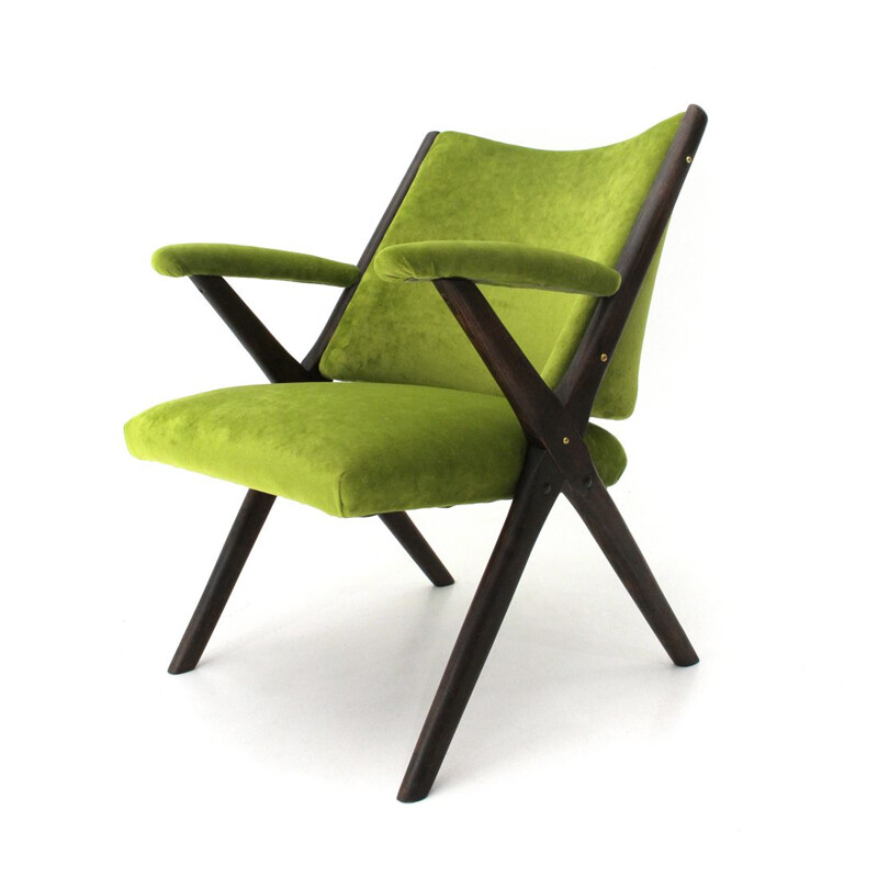 Vintage italian armchair for Dal Vera in green velvet and wood 1950