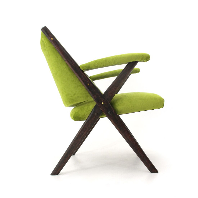 Vintage italian armchair for Dal Vera in green velvet and wood 1950