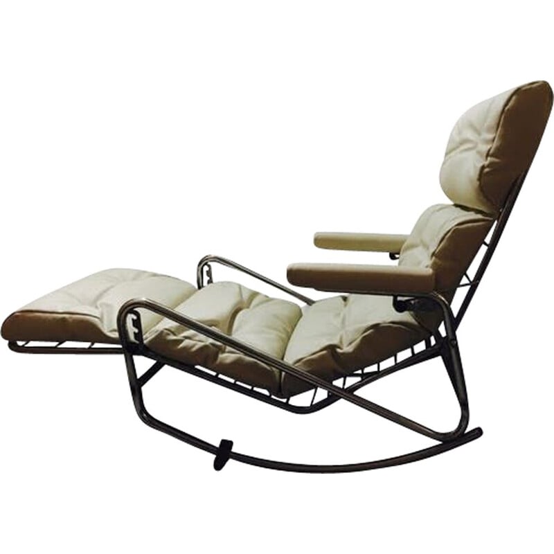 Chaise longue vintage cuir blanc et repose pieds 1950