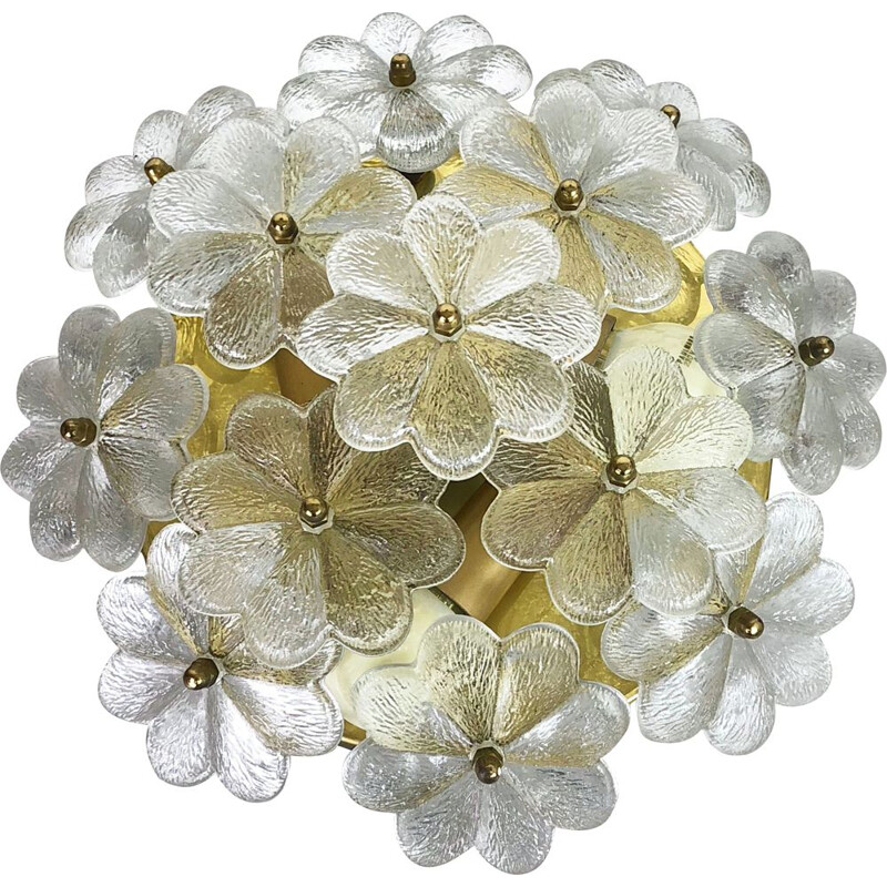 Vintage large Floral Glass & Brass Ceiling Wall Light by Ernst Palme 1970s