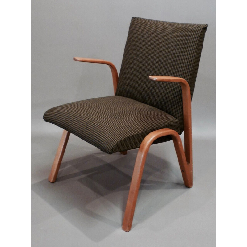 Suite de 4 fauteuils vintage français en frêne et tissu marron 1950