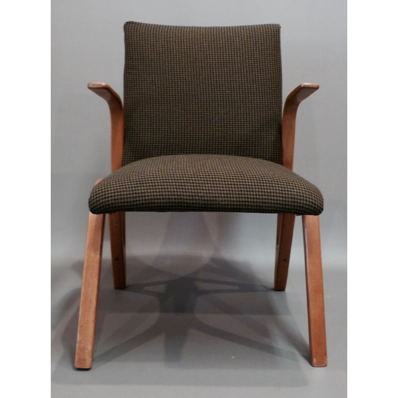 Suite de 4 fauteuils vintage français en frêne et tissu marron 1950