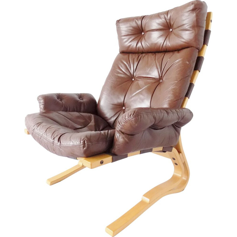 Vintage scandinavian Kengu armchair for Rykken in brown leather 1960