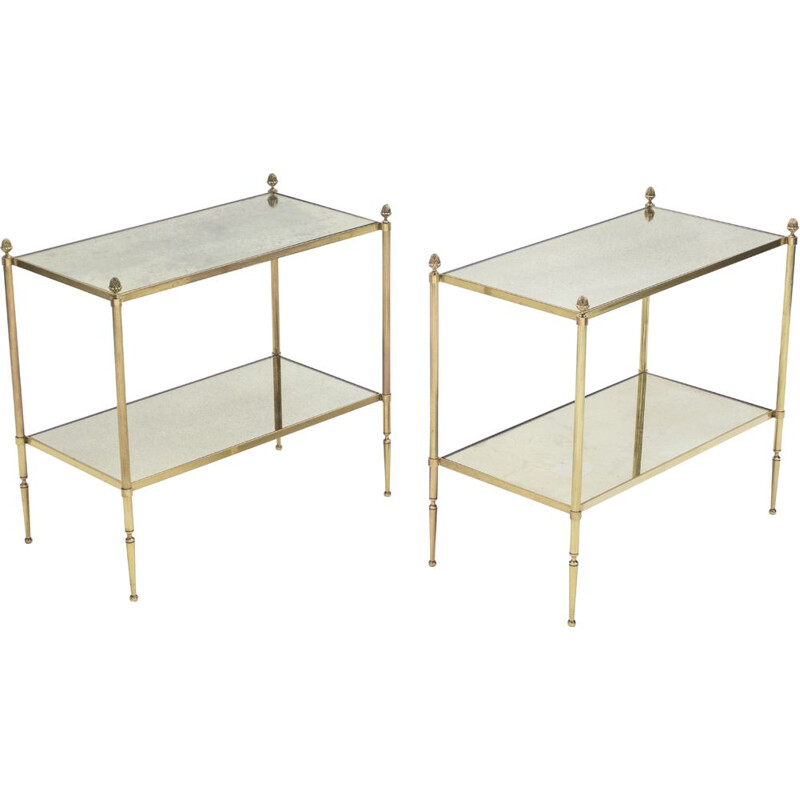 Pair of vintage tables for Maison Baguès in mirror and brass 1950