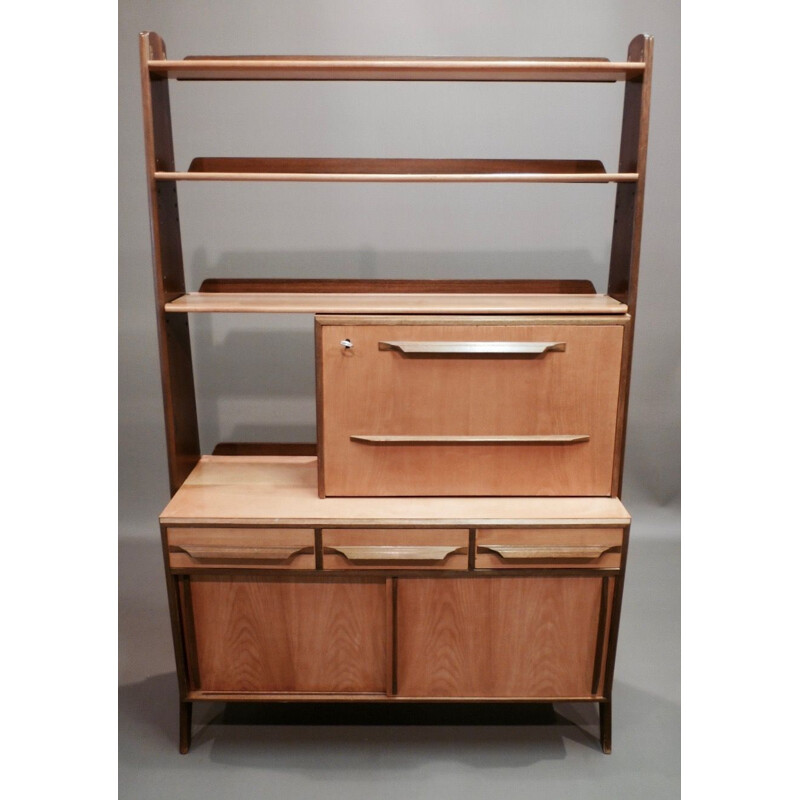 Vintage modular bookcase in birch and walnut 1950