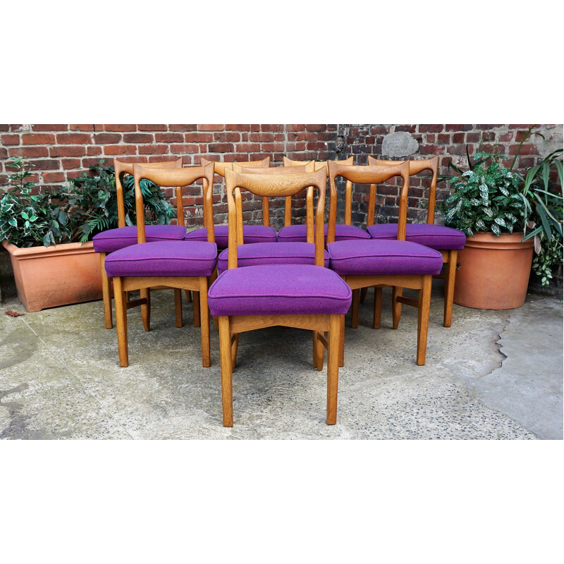 Set of 8 vintage chairs for Votre Maison in purple fabric and oak 1970