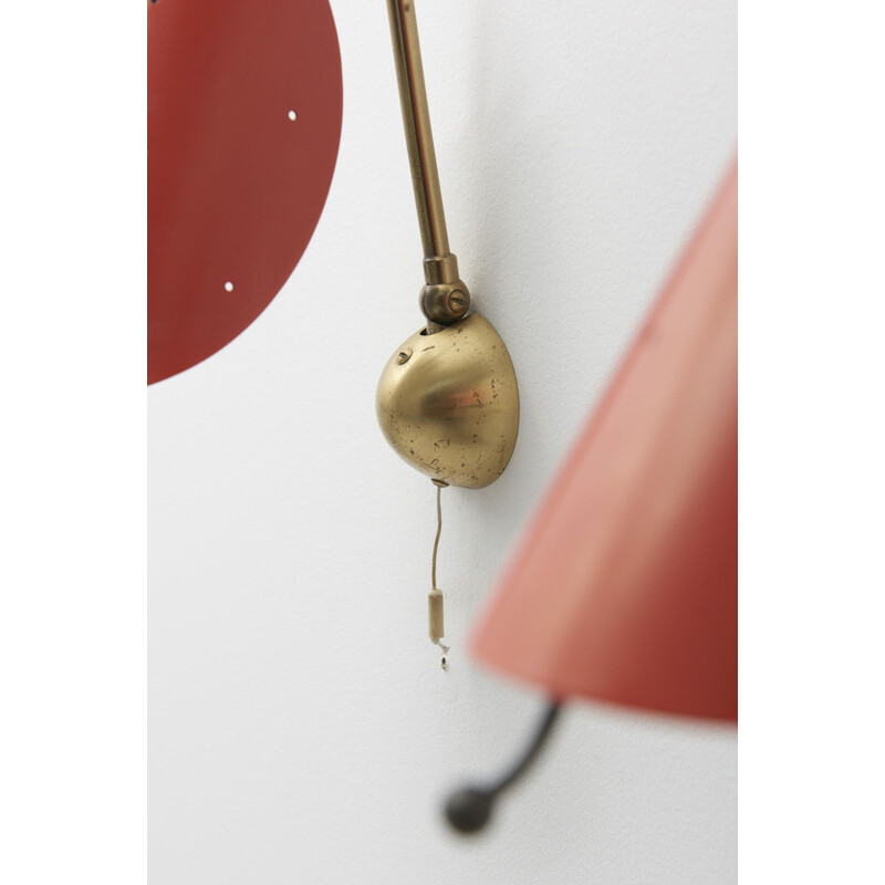 Pair of vintage red lacquered wall lamps in brass 1950