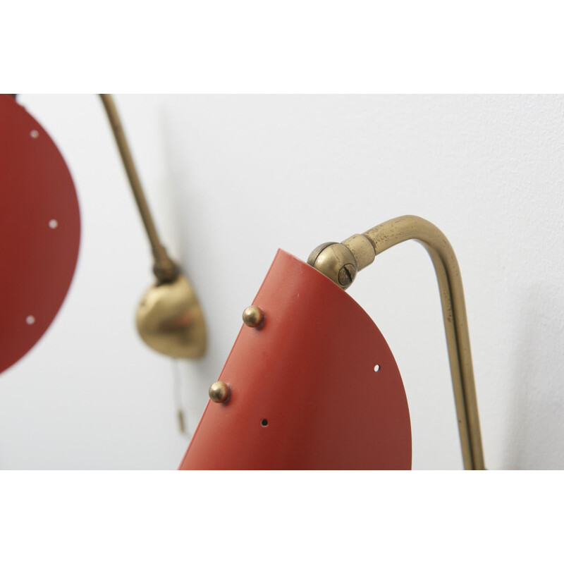 Pair of vintage red lacquered wall lamps in brass 1950