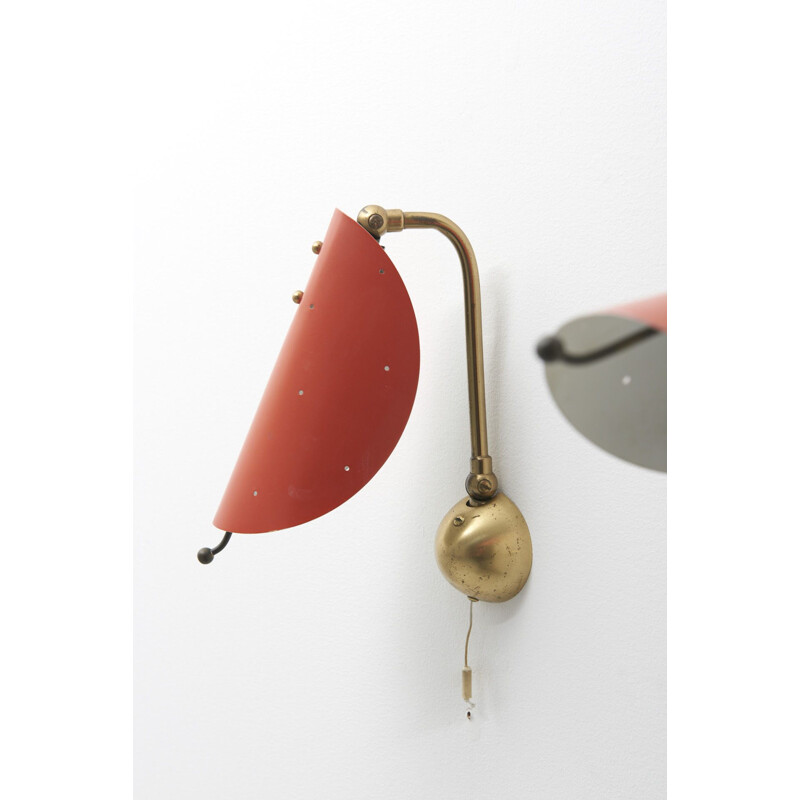 Pair of vintage red lacquered wall lamps in brass 1950