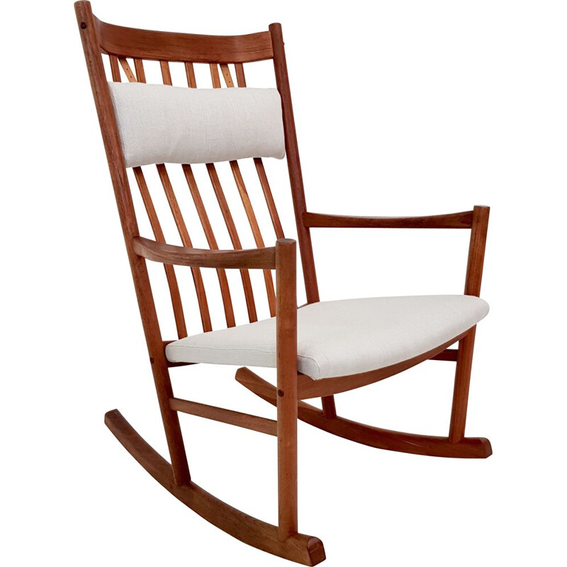 Vintage scandinavian rocking chair in teakwood and white fabric 1960