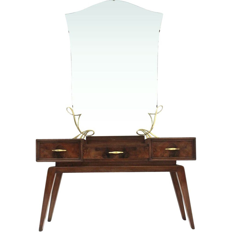 Coiffeuse vintage italienne avec miroir en bois et laiton 1950