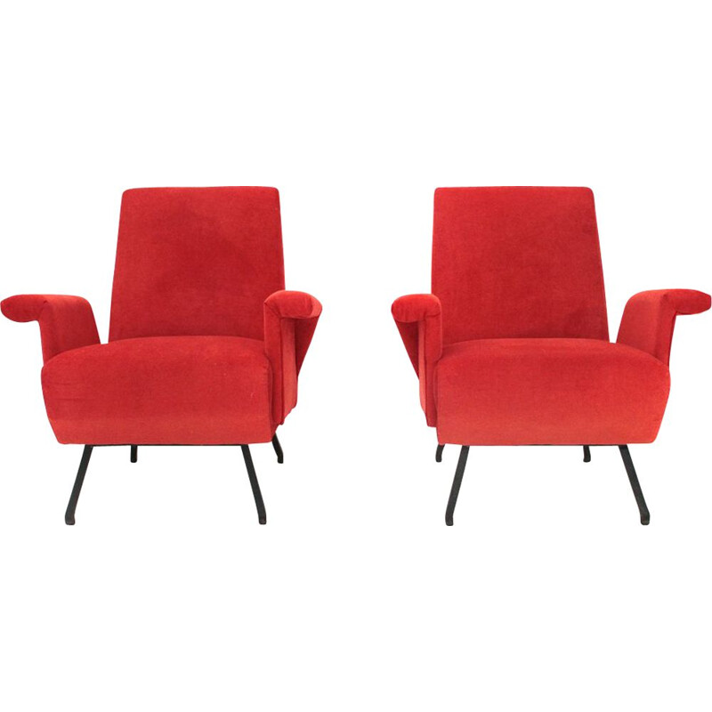 Set of 2 vintage italian armchairs in red velvet and wood 1950