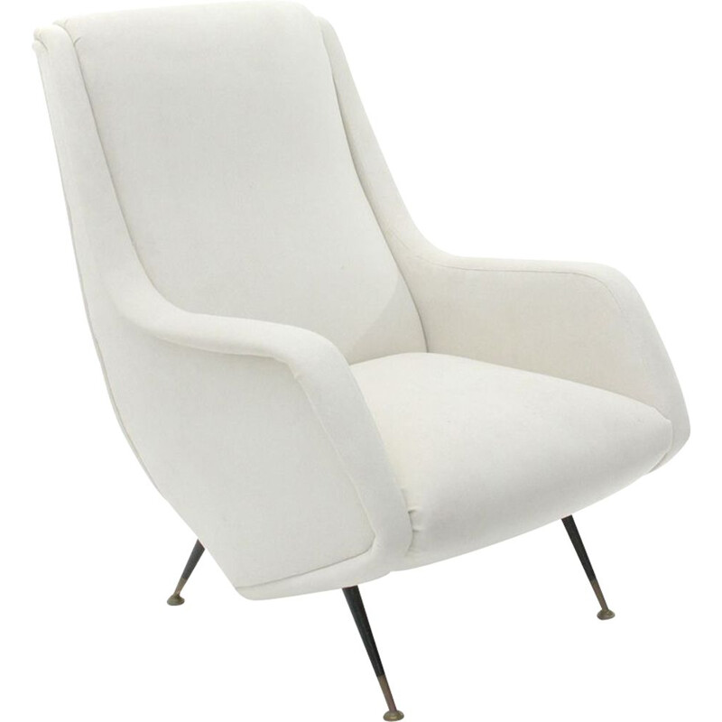 Vintage italian armchair in white velvet and wood 1950