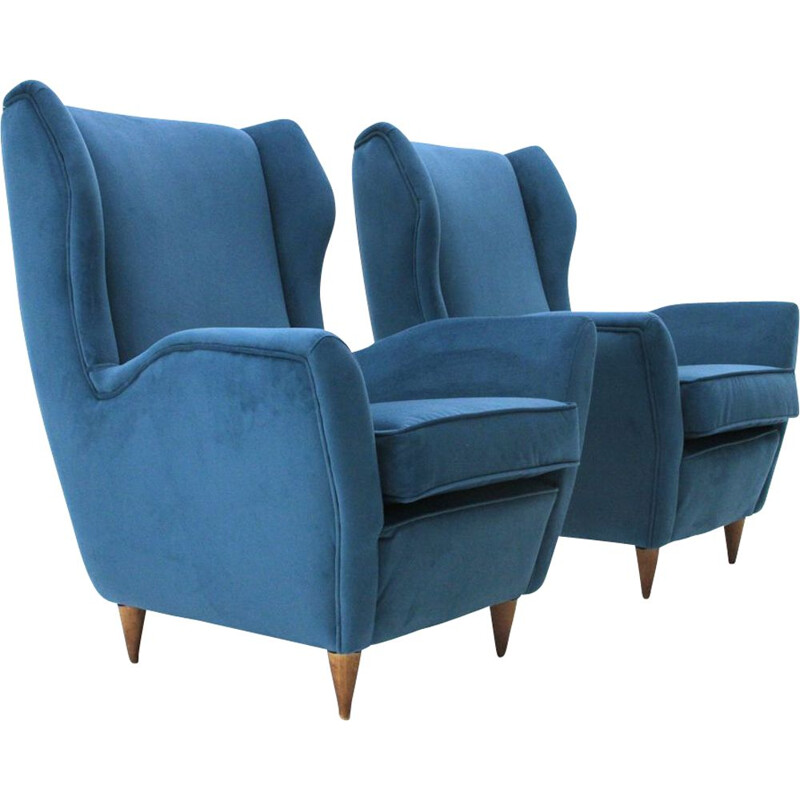 Set of 2 vintage italian armchairs in blue velvet and wood 1950