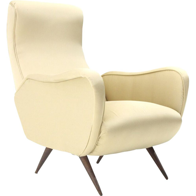 Vintage italian armchair in white silk and wood 1950