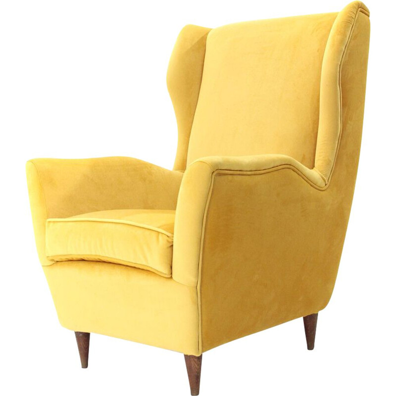 Vintage italian armchair in yellow velvet and wood 1950