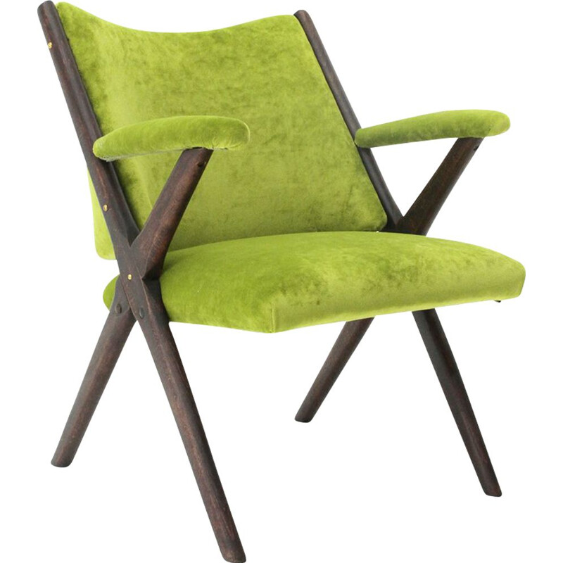 Vintage italian armchair for Dal Vera in green velvet and wood 1950