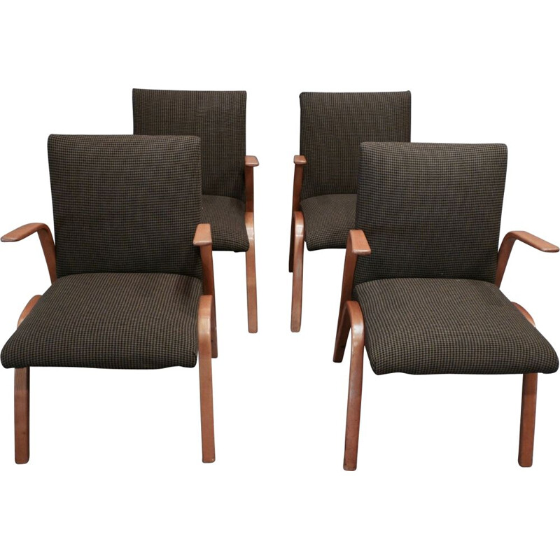Set of 4 vintage french armchairs in ashwood and brown fabric 1950