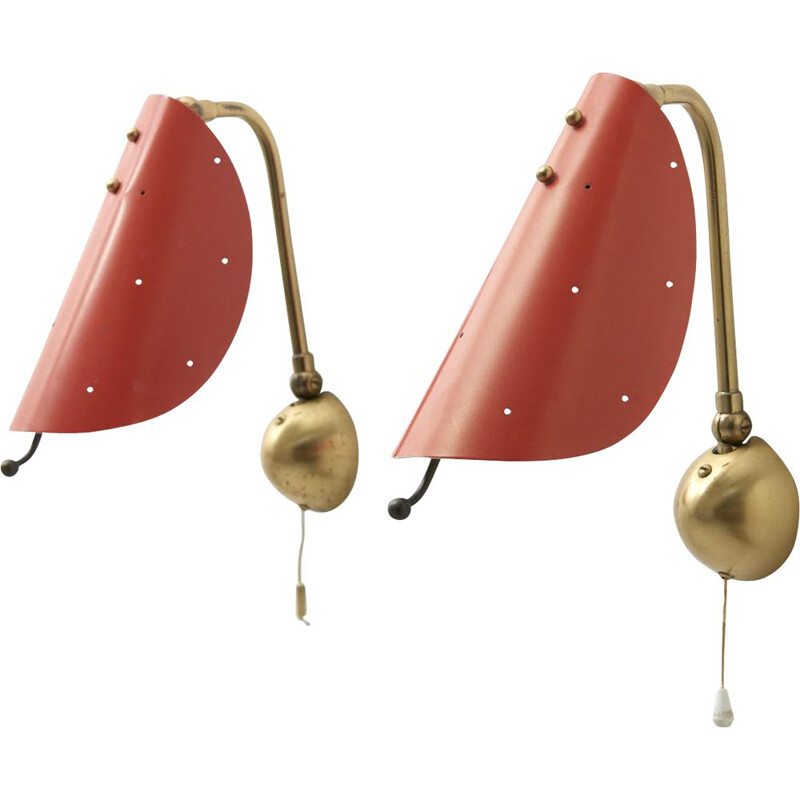 Pair of vintage red lacquered wall lamps in brass 1950