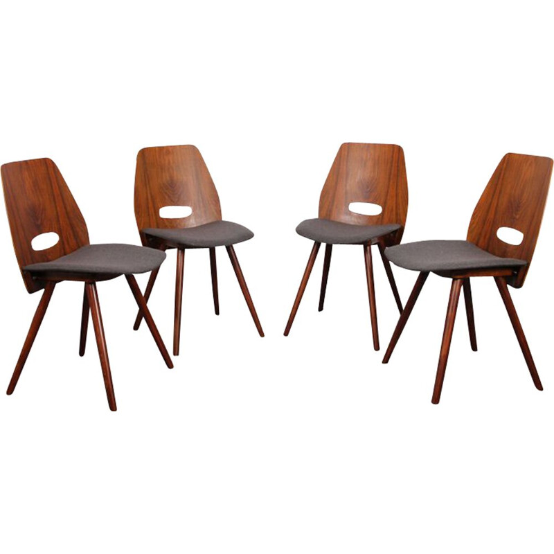 Set of 4 vintage chairs by Jirak in grey fabric and wood 1960