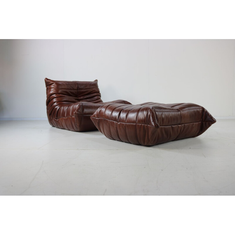 Vintage living room set Togo in brown leather by Michel Ducaroy for Ligne Roset