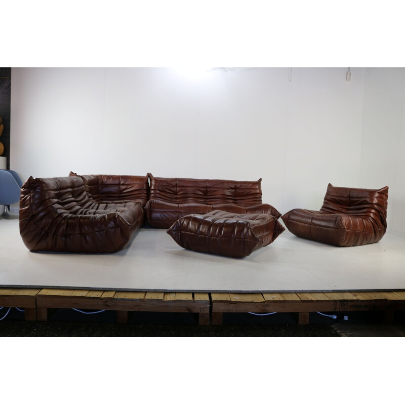 Vintage living room set Togo in brown leather by Michel Ducaroy for Ligne Roset