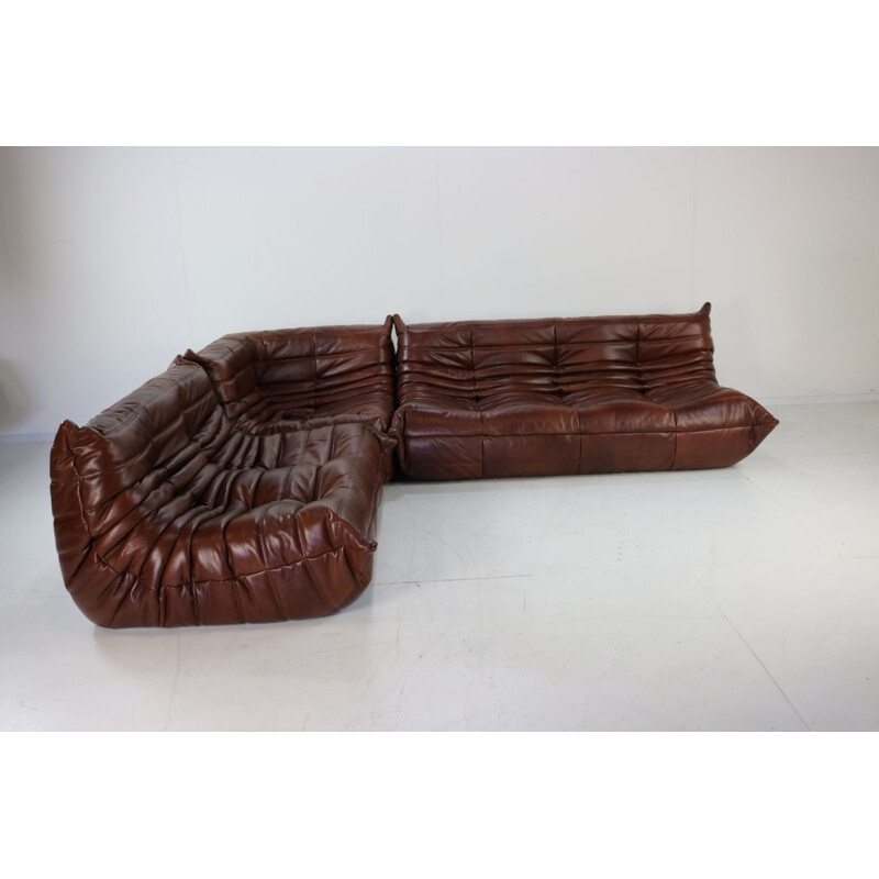 Vintage living room set Togo in brown leather by Michel Ducaroy for Ligne Roset