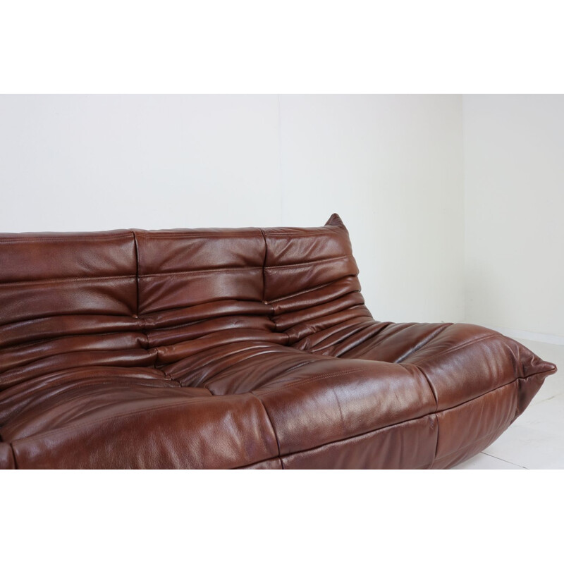 Vintage living room set Togo in brown leather by Michel Ducaroy for Ligne Roset