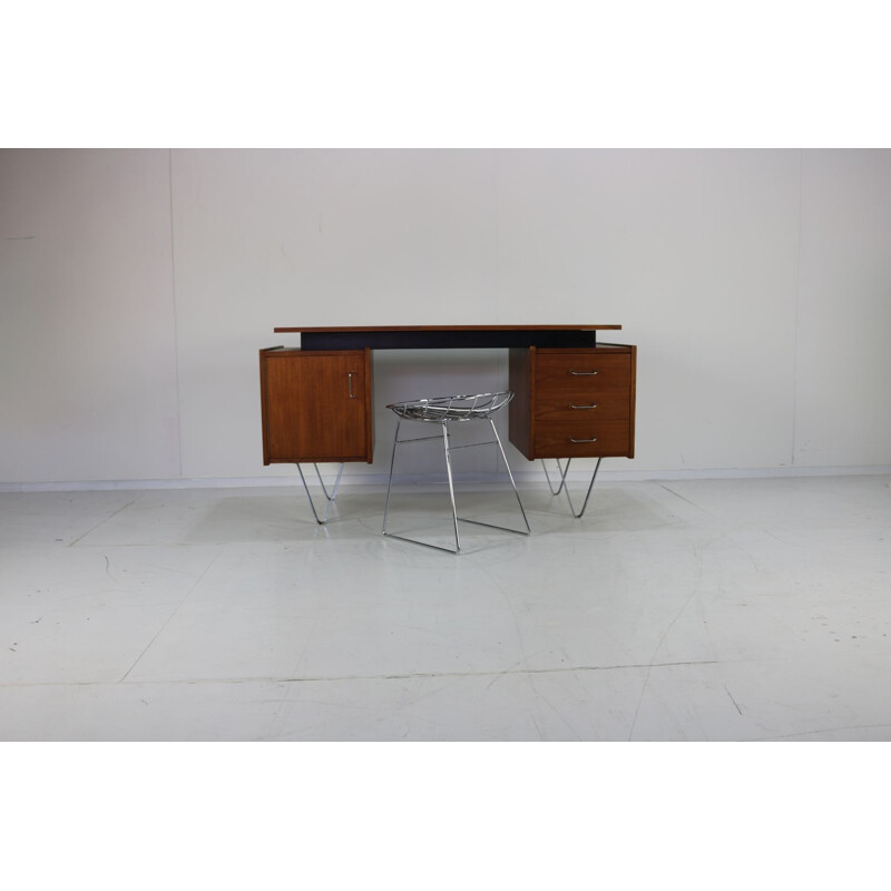 Vintage desk in teak with steel hairpin legs Dutch