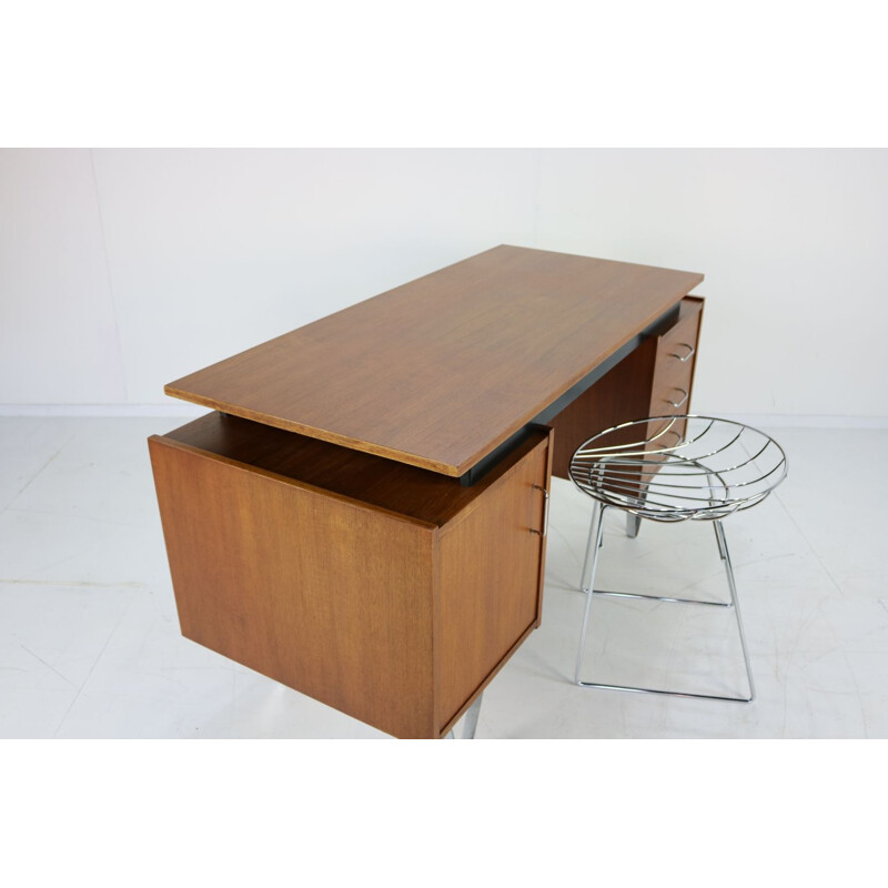 Vintage desk in teak with steel hairpin legs Dutch