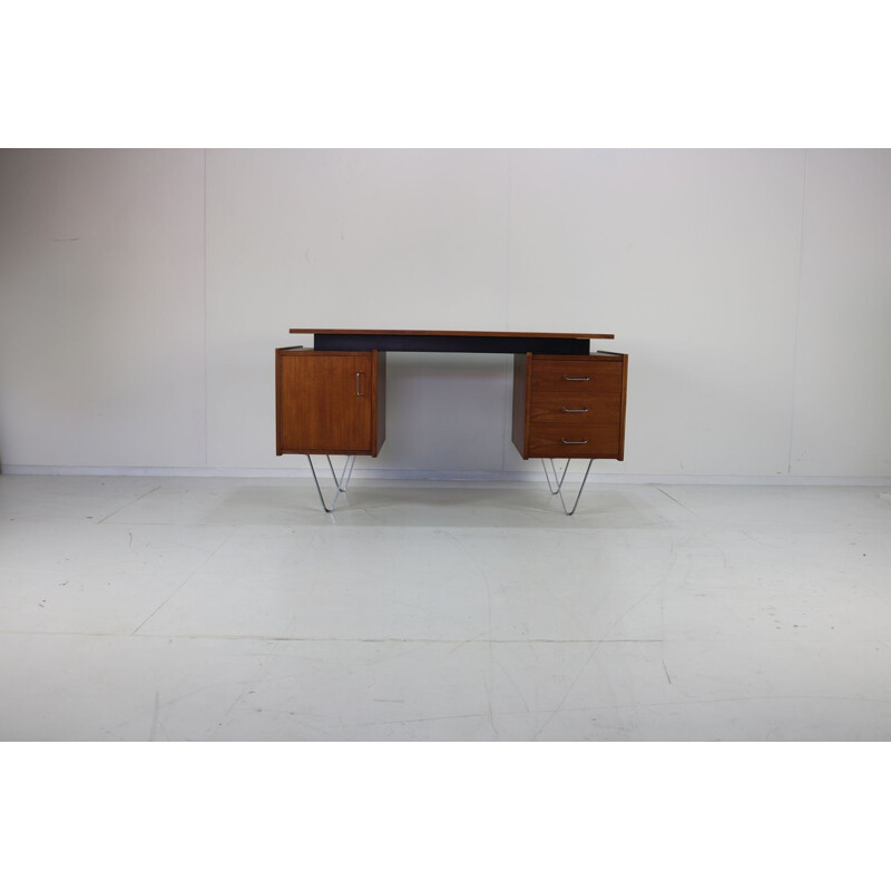 Vintage desk in teak with steel hairpin legs Dutch